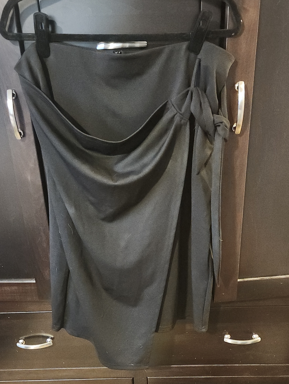 Asymmetrical Black Faux Wrap Skirt with Side Knot